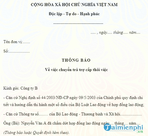 thong bao ve viec chuyen tra tro cap thoi viec