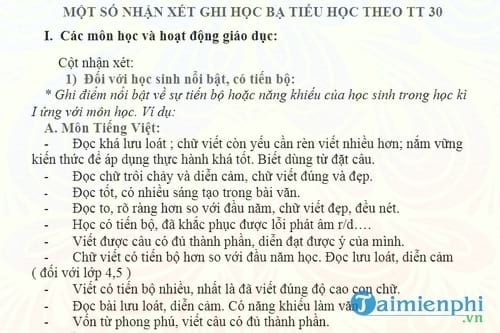 tuyen tap cac mau nhan xet danh cho giao vien tieu hoc theo thong tu 30
