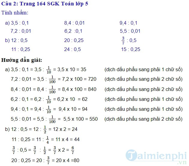 giai bai tap toan 5 trang 164 165 sgk luyen tap phep chia