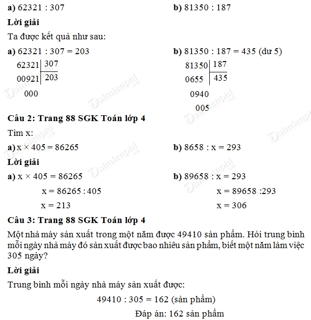 Giải bài tập Toán 4 trang 88 SKG