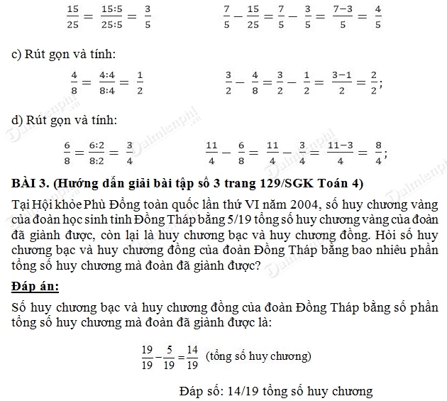 giai bai tap toan 4 trang 129 sgk phep tru phan so