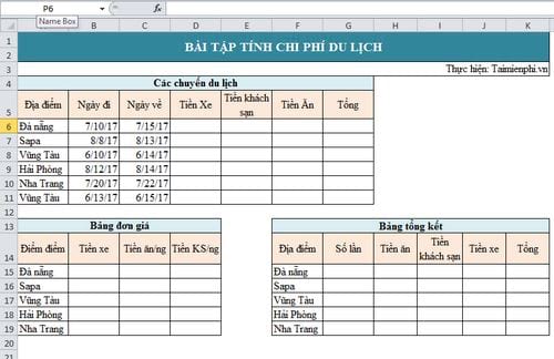 bai tap tinh chi phi du lich su dung ham vlookup countif sum va sumif 2