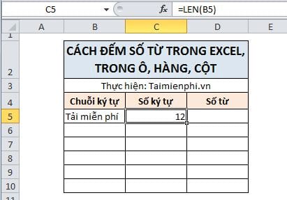 cach dem so tu trong excel trong o hang cot 2