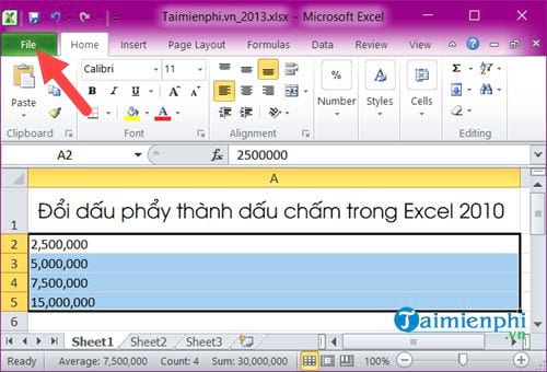 cach doi dau phay thanh dau cham trong excel 2010