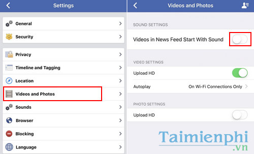tat tu dong phat am thanh video facebook