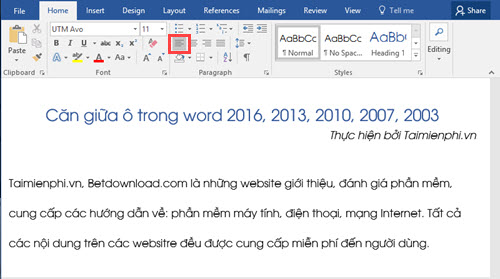can giua o trong word excel