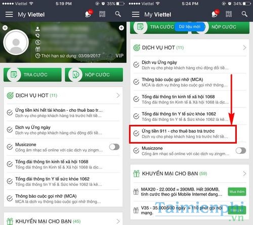 cach ung tien viettel tren ung dung my viettel 2