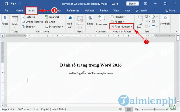 danh so trang trong word 2016 2