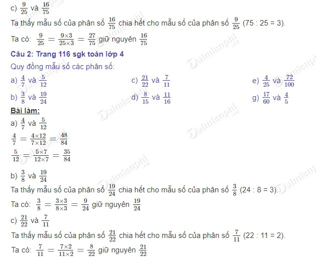 giai toan 4 trang 116 sgk quy dong mau so cac phan so tiep 2