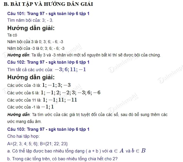 Giải bài tập trang 97 SGK Toán 6 tập 1 - Bội và ước của một số nguyên câu 101, 102, 103, 104, 105, 106