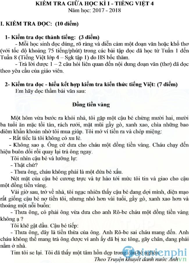 Đề thi giữa học kì 1 môn Tiếng Việt lớp 4 theo Thông tư 22