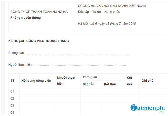 Mẫu kế hoạch công việc - Lập quy trình, mục tiêu công việc -taimienphi
