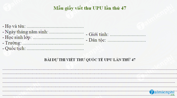 Mẫu giấy viết thư UPU lần thứ 47 cho học sinh, sinh viên cả nước -taim