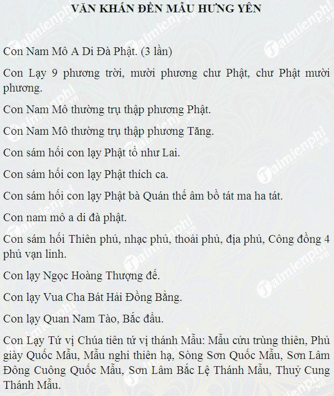 Download Văn khấn đền Mẫu Hưng Yên File DOC - Tham khảo bài cúng đến m