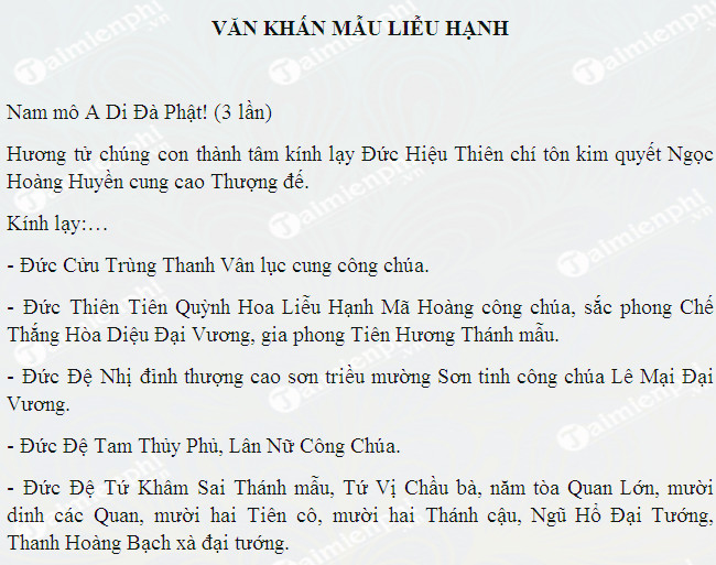 Văn khấn Mẫu Liễu Hạnh, Bài cúng lễ Thánh mẫu Liễu Hạnh -taimienphi.vn