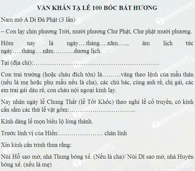 Văn Khấn 100 Ngày Bát Hương Thổ Công