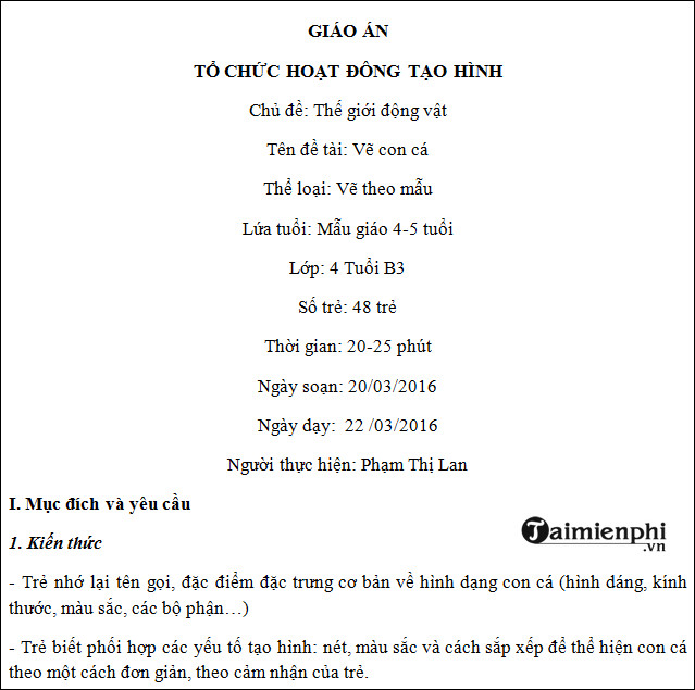 Giáo Án Vẽ Con Cá - Giáo Án Mầm Non Tạo Hình Chủ Đề Động Vật -Taimienp