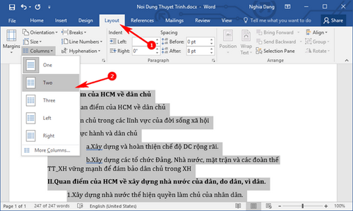 chia van ban thanh 2 cot trong word 2016