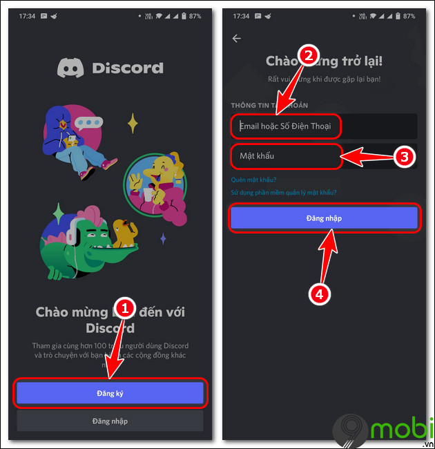 cach dang nhap discord tren Android