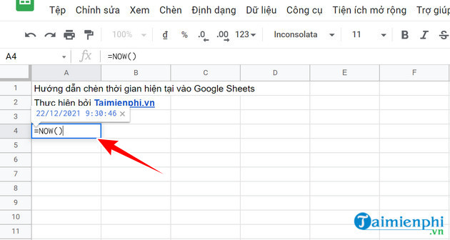chen thoi gian hien tai vao google sheets