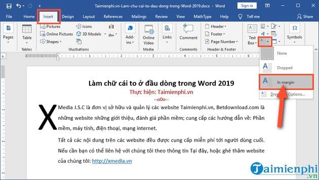 Cách làm chữ cái to ở đầu dòng trong Word 2019