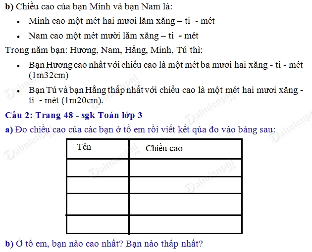 giai toan 3 trang 48 sgk thuc hanh do do dai tiep 2