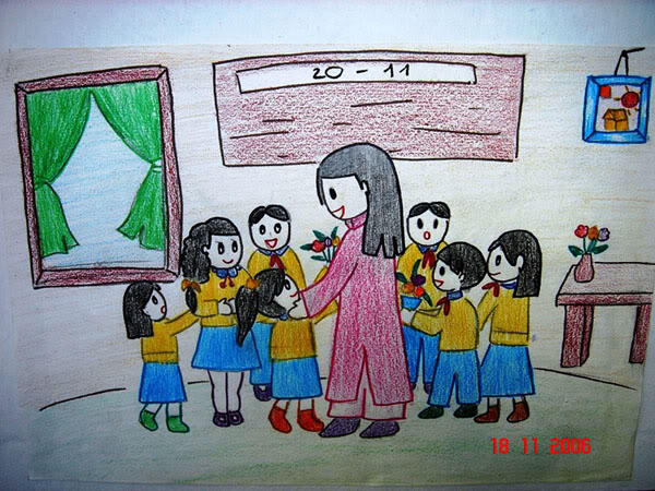 Tranh vẽ 20/11 về cô giáo và học sinh, kỷ niệm 20/11 - Trường THCS Quán Toan