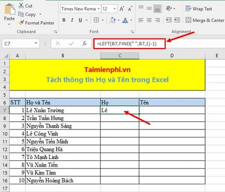 tach ho va ten trong excel 2016