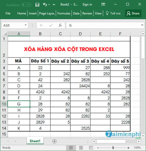 xoa hang trong excel