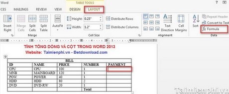 Tính tổng dòng và tổng cột trong Word 2013