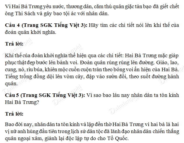 Soạn Tiếng Việt lớp 3 Tập đọc: Hai Bà Trưng