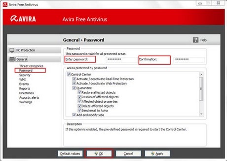 Avira Free AntiVirus - Bảo vệ các thiết lập bằng mật khẩu