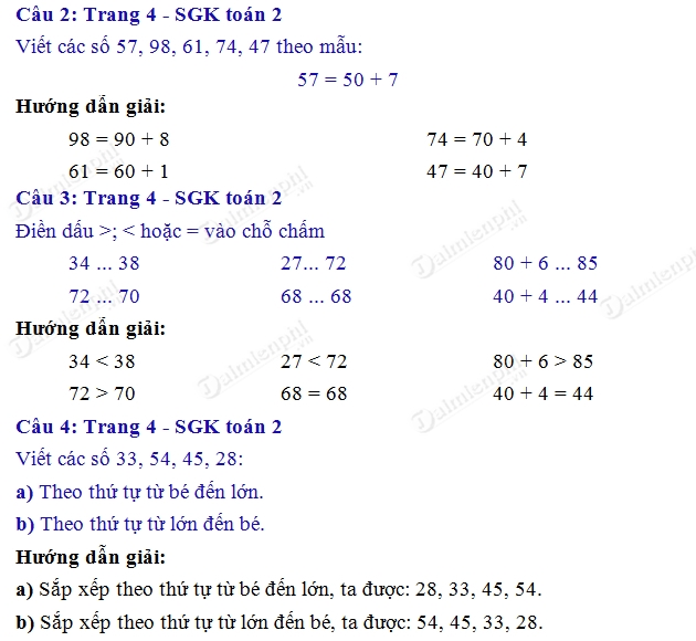 Giải bài tập trang 4 SGK toán 2