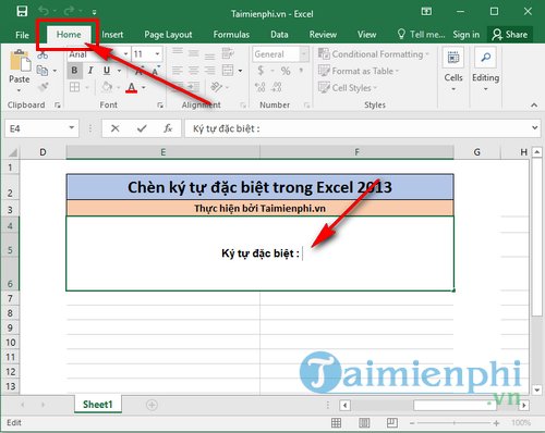 Cách chèn ký tự đặc biệt trong Excel 2013