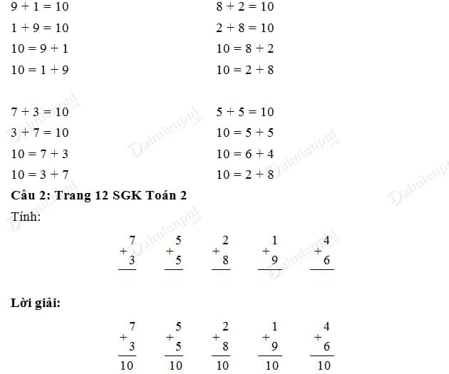 giai toan lop 2 phep cong co tong bang 10 2