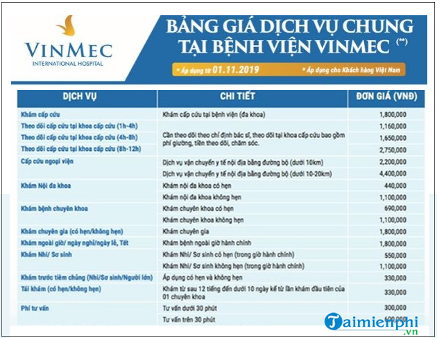bang gia dich vu tai benh vien vinmec 2