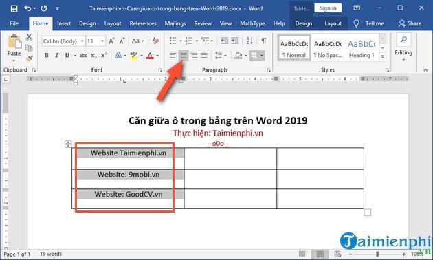 Cách căn giữa ô trong bảng trong Word 2019