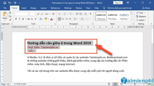 cach can giua o trong word 2019 2