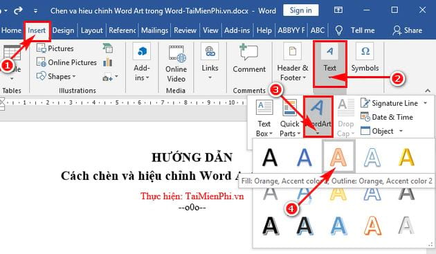 cach chen va hieu chinh word art trong word 2