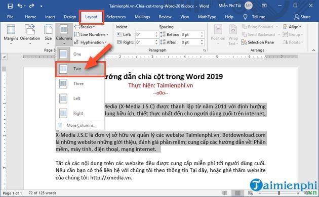 Cách chia cột trong Word 2019