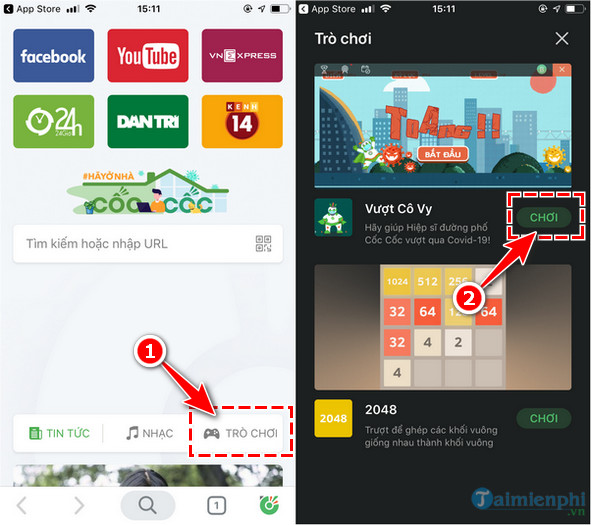 Cách chơi game trên Cốc Cốc cho điện thoại