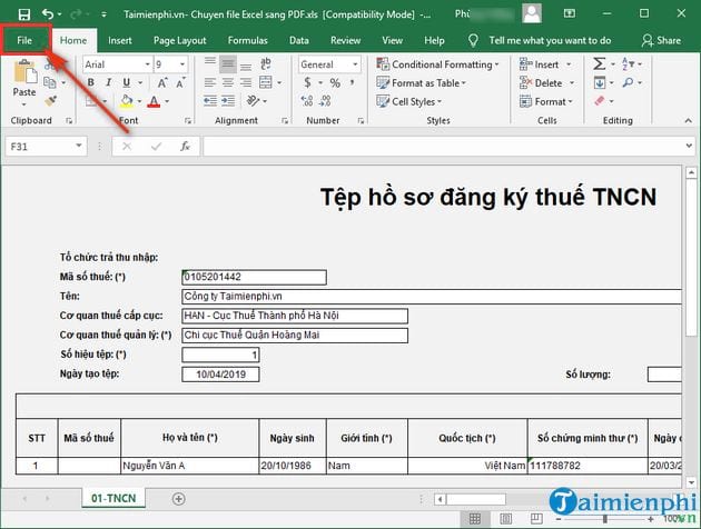 cach chuyen file excel sang pdf trong office 2016 2