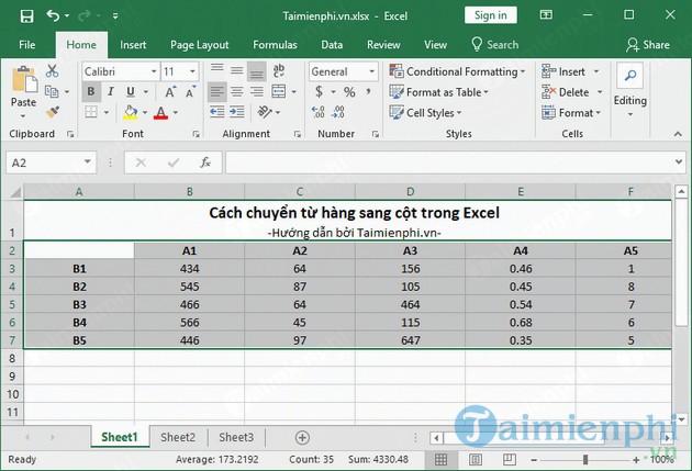 cach chuyen tu hang sang cot trong excel 2