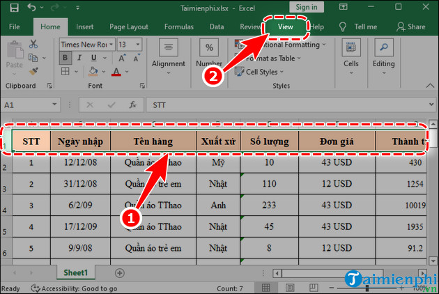 cach co dinh dong trong excel 2016 windows