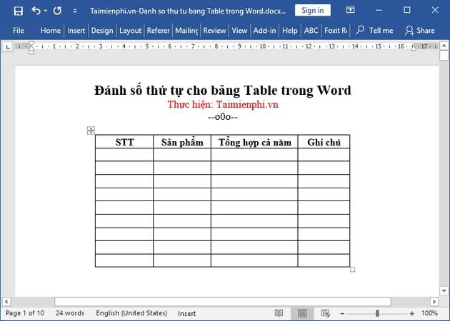 cach danh so thu tu cho bang table trong word 2