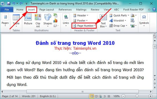 cach danh so trang trong word 2010