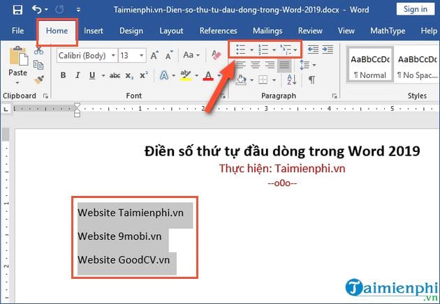 Cach điền Số Thứ Tự đầu Dong Trong Word 2019