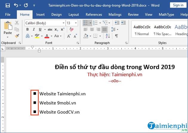 cach dien so thu tu dau dong trong word 2019 10