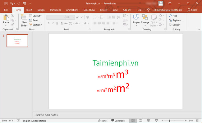 Cách gõ m2, m3 trong Powerpoint 2019