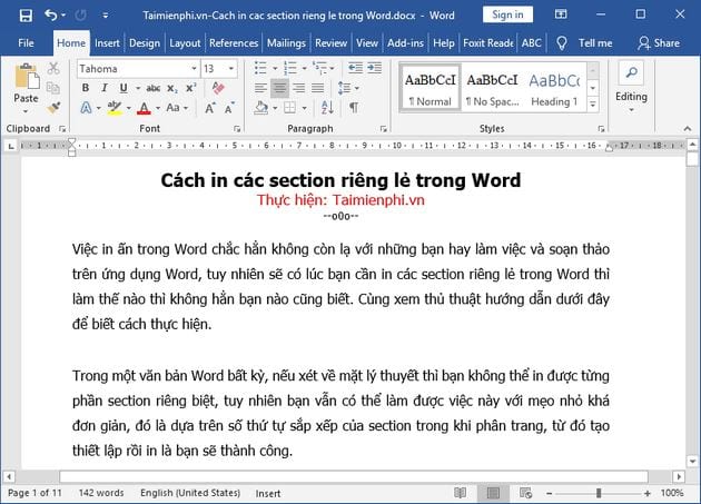 cach in cac section rieng le trong word 2